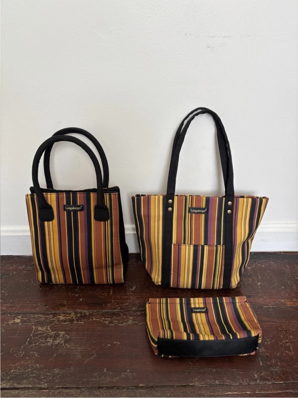 Longaberger Homestead
Autumn Stripe Totes & Small Cosmetic Bag